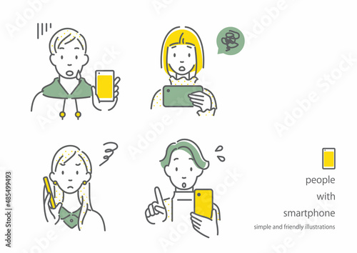 スマホに不満な若い女性と男性　シンプルでお洒落な線画イラスト
