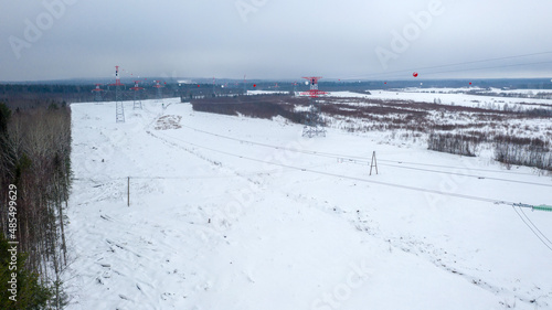 Energy. High voltage wires. Power lines. Electricity. View from above. Electrics. Electric station. Electrical substation.