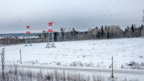 Energy. High voltage wires. Power lines. Electricity. View from above. Electrics. Electric station. Electrical substation. © kareliatim