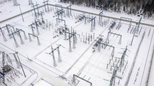 Energy. High voltage wires. Power lines. Electricity. View from above. Electrics. Electric station. Electrical substation.