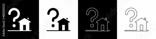 Set House with question mark icon isolated on black and white background. Housing problems, questions. Vector