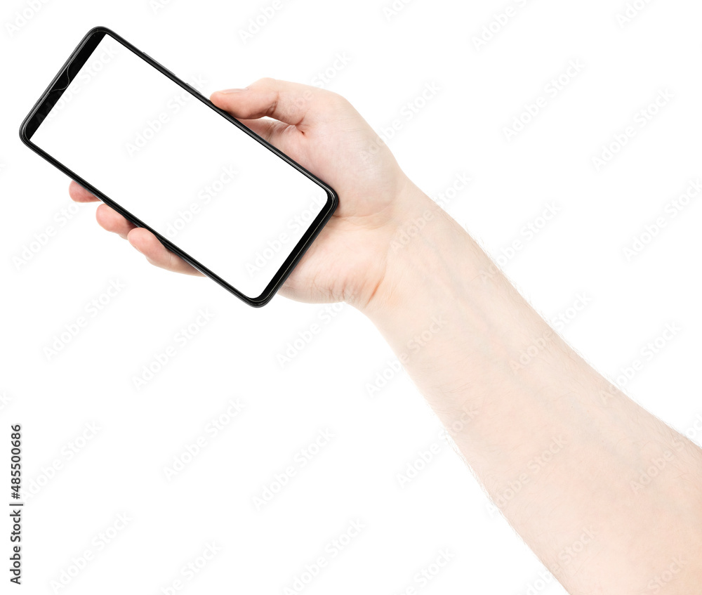 Male hand holding the black new smartphone with blank screen isolated white background. Man hands using phone clipping path. blank for designer Male hand holding the black new smartphone with blank screen isolated white background. Man hands using phone clipping path. blank for designer