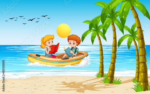 Beach scenery with children in inflatable boat