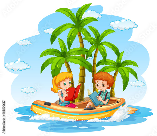 Isolated cartoon island with children on inflatable boat