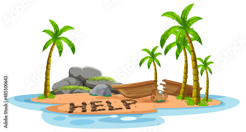 Deserted island with broken boat lying on the beach with help sign
