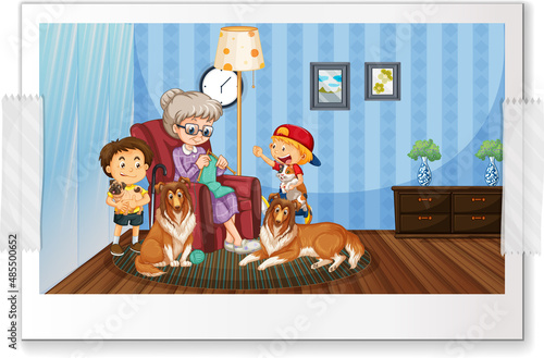 A photo of happy family in cartoon style