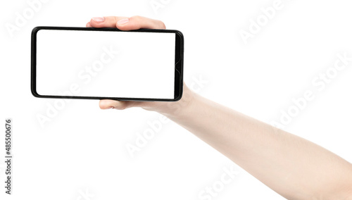 Female hand holding the black new smartphone with blank screen isolated white background. hands using phone clipping path. blank for designer