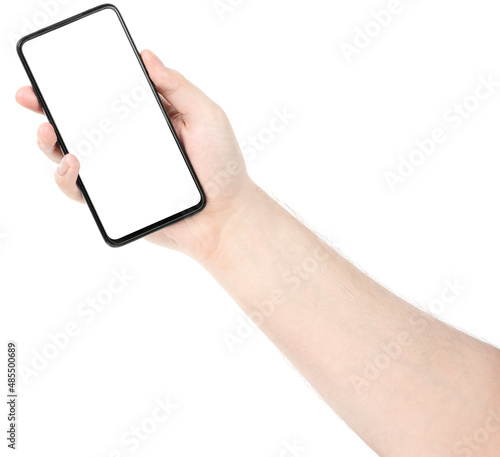 Male hand holding the black new smartphone with blank screen isolated white background. Man hands using phone clipping path. blank for designer
