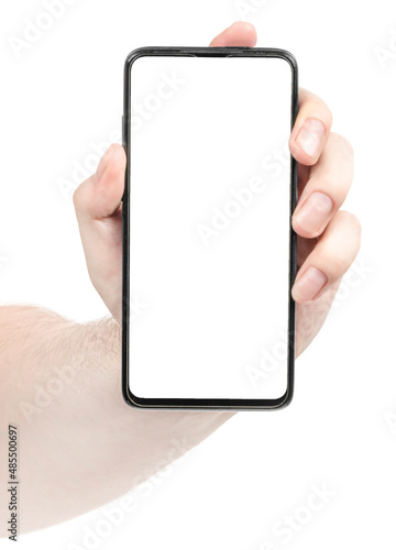 Male hand holding the black new smartphone with blank screen isolated white background. Man hands using phone clipping path. blank for designer