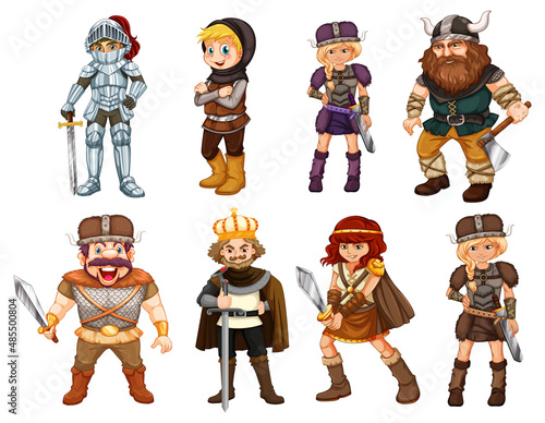 Set of viking cartoon characters and objects