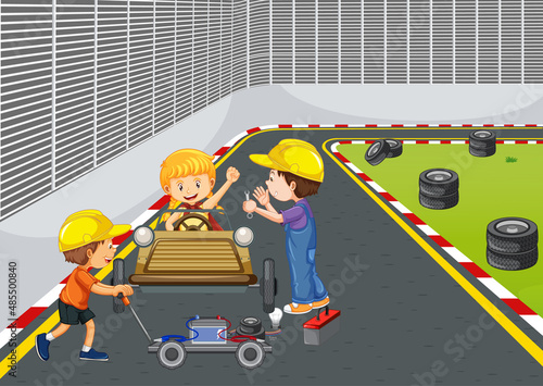 Soapbox derby scene with children racing car