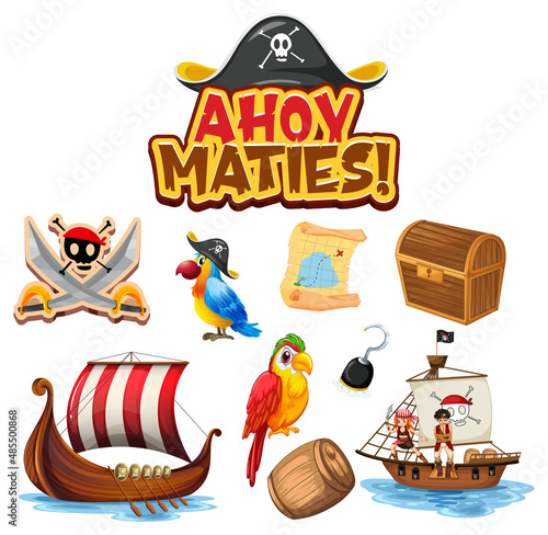 Set of pirate cartoon characters and objects