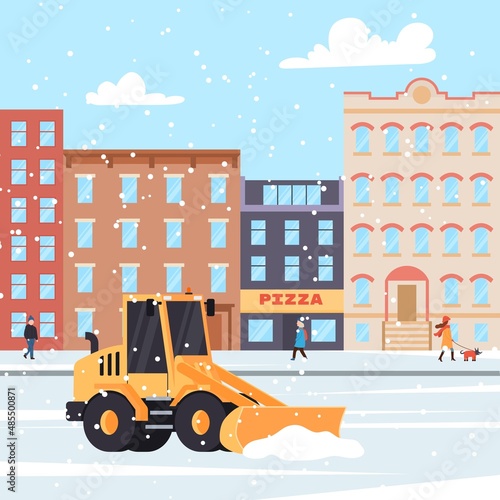Snow plow truck cleans city streets after snowstorm, urban landscape flat vector illustration.
