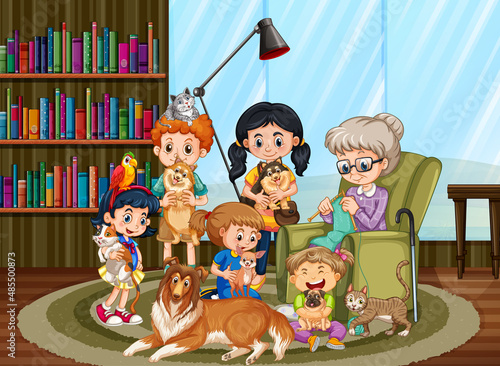 Granny with her grandchildren in the living room