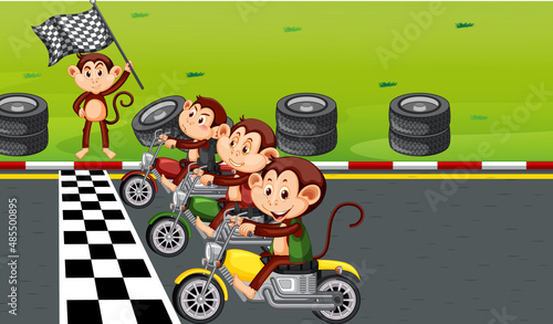 Race track scene with monkeys riding motorcycles