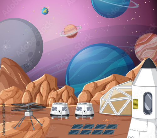 Landscape of planet surface with colony buildings