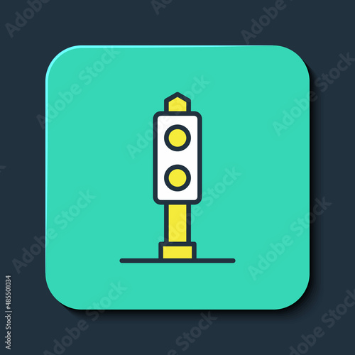 Filled outline Train traffic light icon isolated on blue background. Traffic lights for the railway to regulate the movement of trains. Turquoise square button. Vector