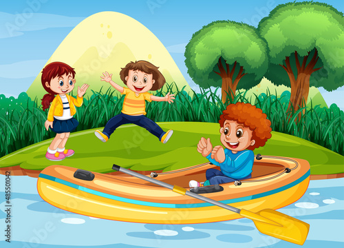 Nature scenery with a boy in inflatable boat