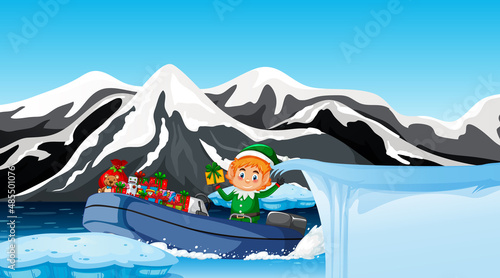 Snowy day with cute elf delivering gifts by motorboat