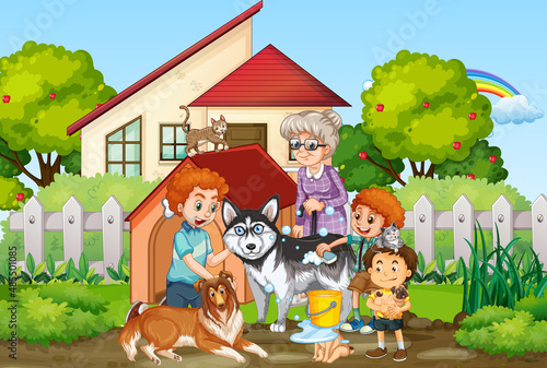 Outdoor scene with children and their dogs