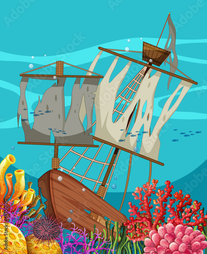 Sinking ship under the ocean