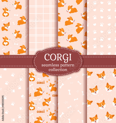 Corgi seamless pattern collection with cute welsh corgi puppies, as well as abstract backgrounds. Vector collection with funny dog characters.