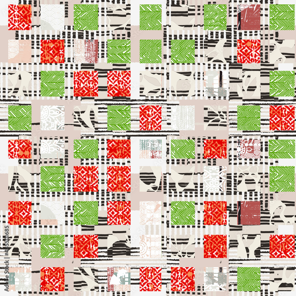 Obraz premium Summer, artistic color tiles seamless pattern, square grid textile print, abstract texture for fashion design