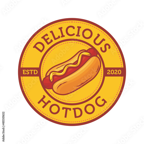 Delicious hot dog logo template with illustration of hot dog image