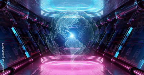 Fototapeta Naklejka Na Ścianę i Meble -  Blue and pink spaceship interior with glowing  world map. Futuristic corridor in space station with projected Planet Earth background 3d rendering