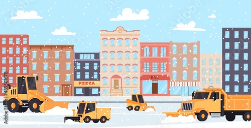 Winter city landscape with snow plow trucks cleaning roads from snow and ice, flat vector illustration.