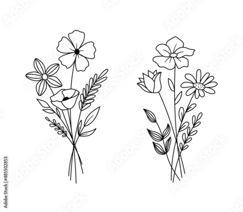 Vector sketch illustration of bouquet flowers. Set of wildflowers in doodle style isolated on white background. Spring or summer outline cute bouquets