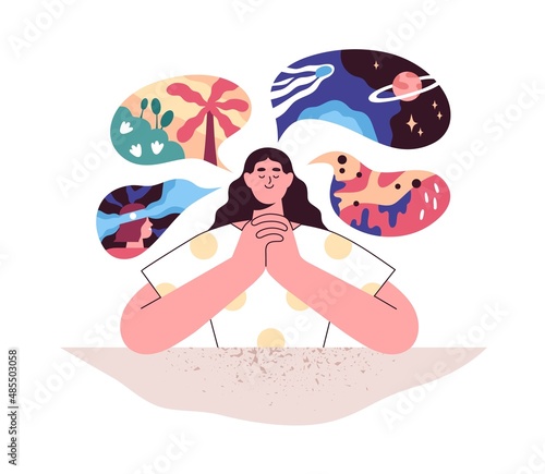 Imagination and creativity concept. Creative person imagining travel and future ideas. Happy woman dreaming and making wish. Mind of dreamer. Flat vector illustration isolated on white background