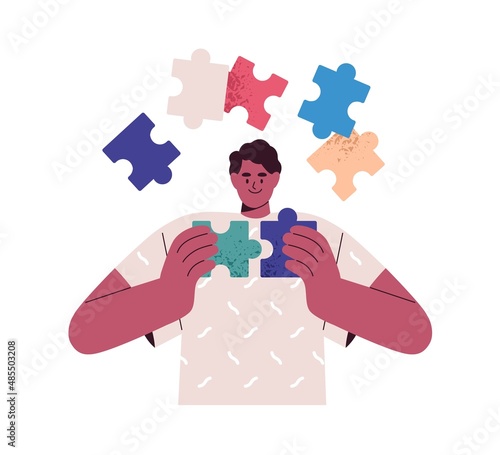 Business person finding idea and opportunity. Man connecting puzzle, jigsaw pieces, solving problem. Creative solution and intuition concept. Flat vector illustration isolated on white background