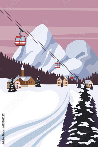 Vintage Mountain winter resort village Alps, Switzerland. Snow landscape peaks, slopes with red gondola lift. Travel retro poster, vector illustration