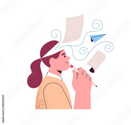 Imagination flow and creativity concept. Creative writer, poet composing from ideas, fantasies in mind. Author thinking with inspiration. Flat vector illustration isolated on white background photo
