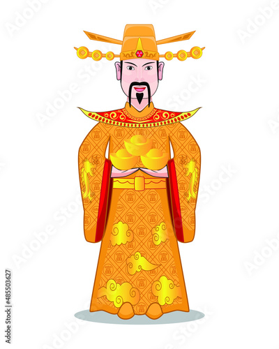 Cai Shen Chinese God  God of wealth or God of fortune drawing in vector dress with yellow red and gold and chinese text called fu meaning rich bless or greeting by holding Chinese gold called Sycee   photo