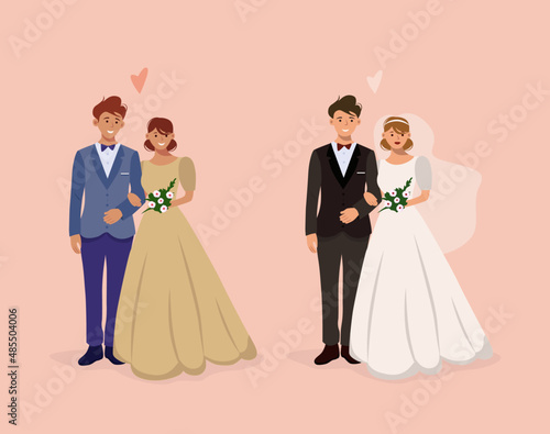 Fototapete bride and groom on wedding day, set of vector illustration