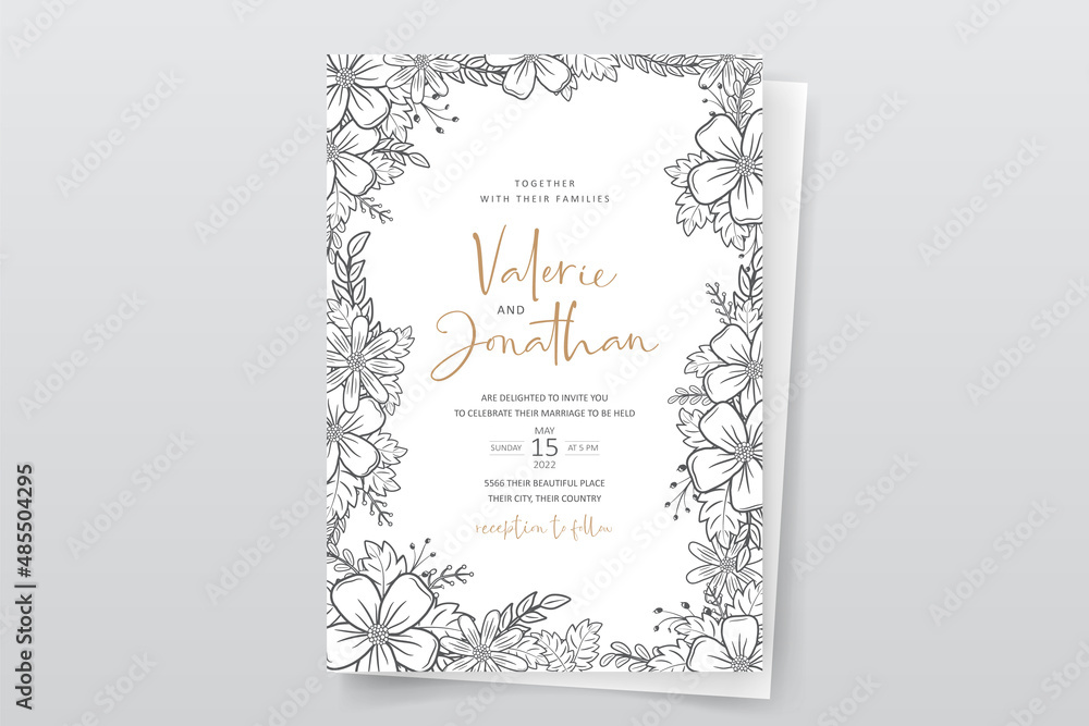 Wedding invitation template with floral outline decoration Wedding invitation template with floral outline decoration