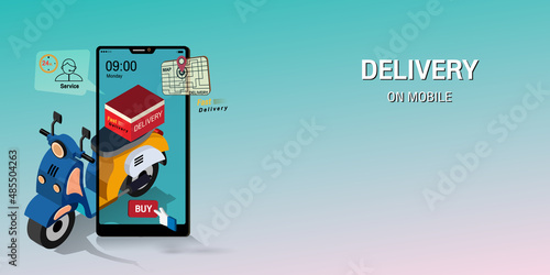Fast delivery package by scooter on mobile phone. Order package in E-commerce by app. Online food order infographic. Vector illustration