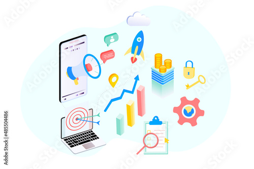 Landing page of SEO Search Engine Optimization modern flat design isometric template. Conceptual SEO analysis and optimization, SEO strategies and marketing concept vector illustration for web site.