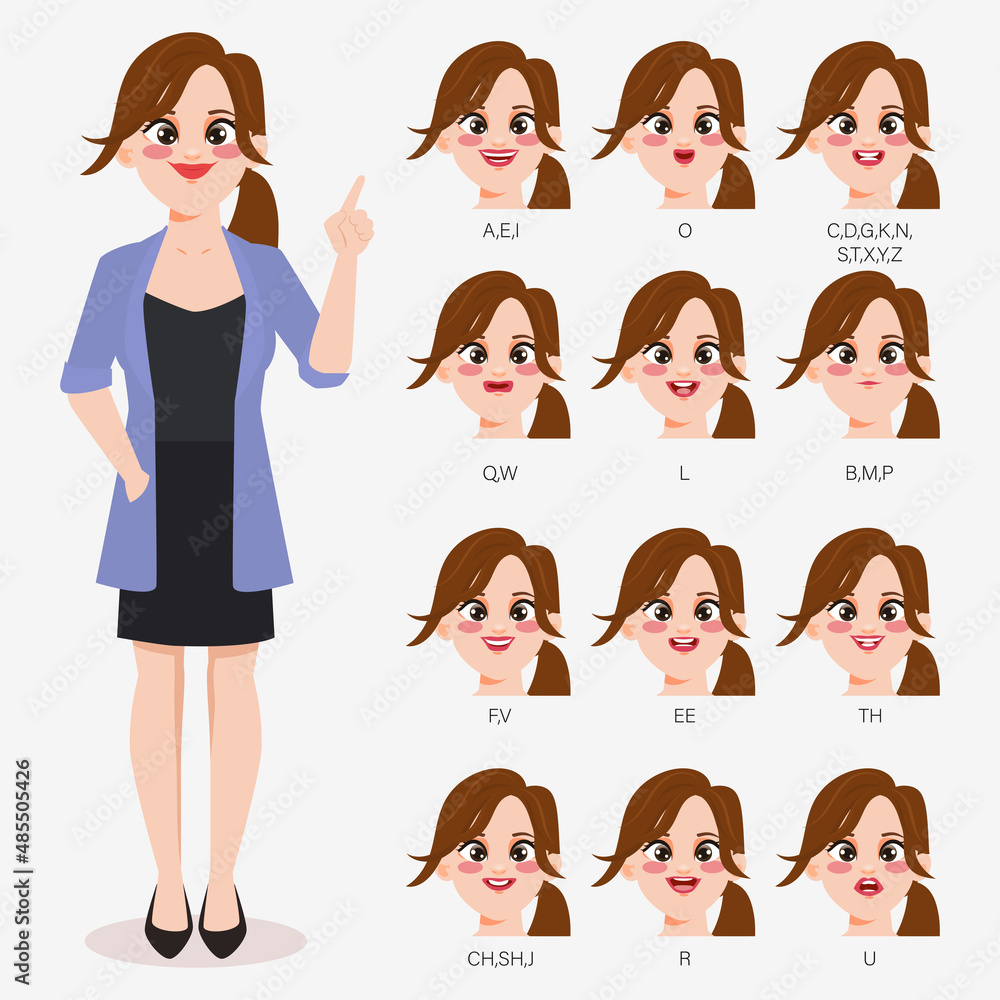 Character for animation mouth in businesswoman. Mouth pronounce letters with lips, tongue and teeth. Character for animation mouth in businesswoman. Mouth pronounce letters with lips, tongue and teeth.