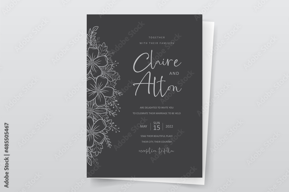 Wedding invitation template with floral outline decoration