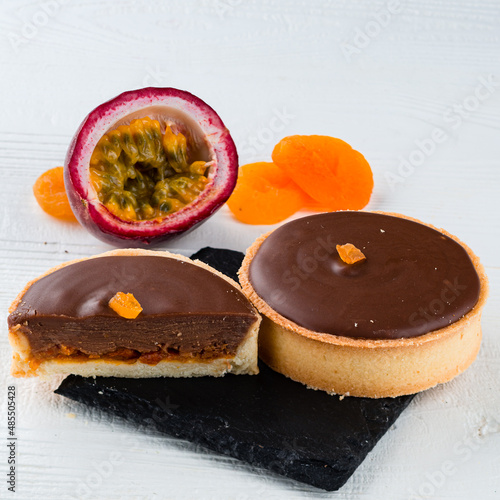 chocolate tartlet with passion fruit