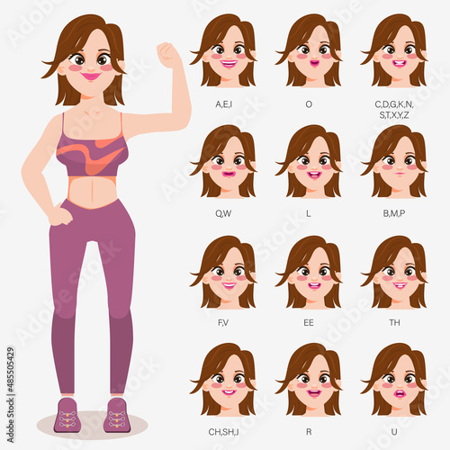 Character for animation mouth in sport woman. Mouth pronounce letters with lips, tongue and teeth.