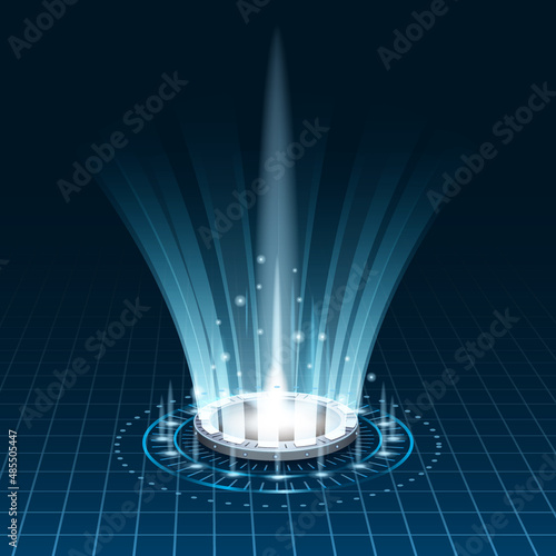 Futuristic portal sky-fi digital, circle science teleport tunnel with light rays and glows, podium, projector. Vector illustration, black blue background