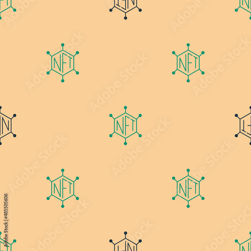 Green and black NFT blockchain technology icon isolated seamless pattern on beige background. Non fungible token. Digital crypto art concept. Vector