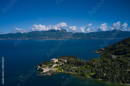 Aerial view of Parco Baia delle Sirene, Lake Garda, Italy. Top view of baia delle sirene on the coastline of Lake Garda. Panorama of punta san vigilio. © Berg