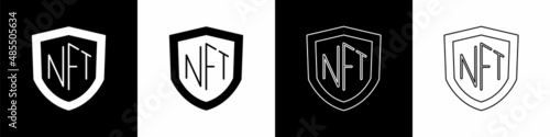 Set NFT shield icon isolated on black and white background. Non fungible token. Digital crypto art concept. Vector