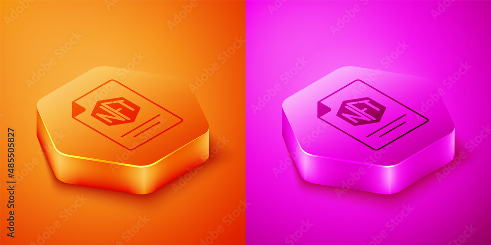 Isometric NFT contract icon isolated on orange and pink background. Non fungible token. Digital crypto art concept. Hexagon button. Vector - obrazy, fototapety, plakaty 