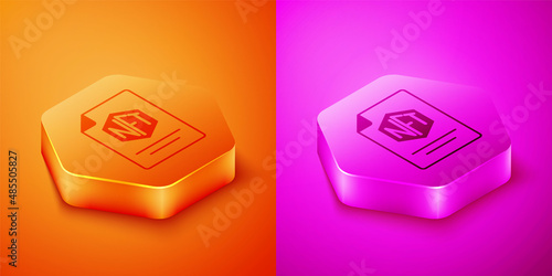Isometric NFT contract icon isolated on orange and pink background. Non fungible token. Digital crypto art concept. Hexagon button. Vector